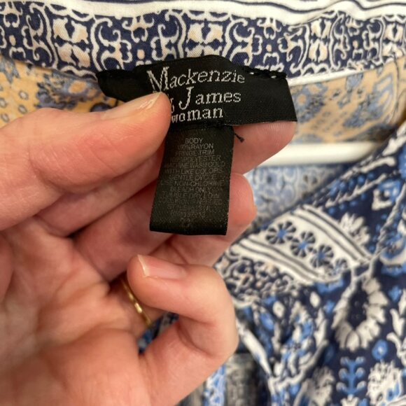 MACKENZIE JAMES Plus Size Blue White Floral Striped Boho Tie Neck Peasant Blouse - Picture 6 of 13